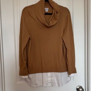 Chico's Tan Cowl Neck Sweater with White Faux Cuffs and Shirttail
